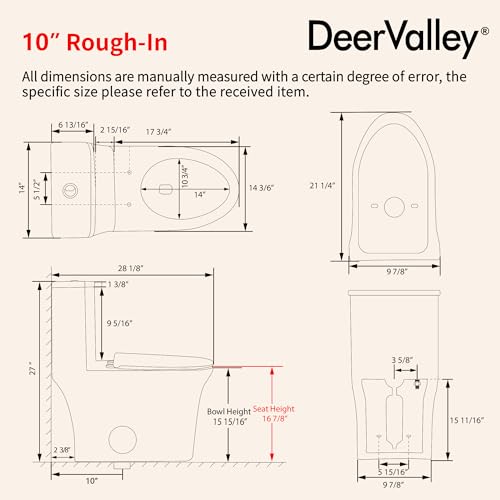 Image of DeerValley Elongated One Piece Toilet with Efficient Dual Flush 1.1 /1.6 GPF | Standard Height Toilet Bowl, Durable Ceramic, Slow Close Seat, Skirted Design 10 inch Rough-In Toilet for Bathroom DV-1F026R