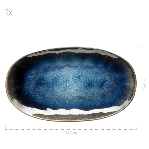 Foto von MÄSER Serie Frozen Set aus 3 Servierplatten, Keramik Servierteller in 3 Größen, moderner Vintage Look, farblich gesprenkelte Glasur, Steinzeug, Blau Klein