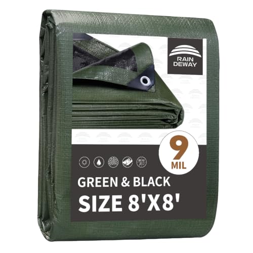 RAINDEWAY 8x8 Feet Tarp Waterproof Durable 9Mil Thick Finished Size Multipurpose Poly Tarp Cover with Metal Grommets and Reinforced Edges Green/Black Tarps