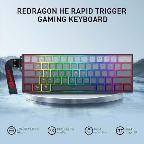Image of Redragon K617 HE Rapid Trigger Gaming Keyboard, 60% 61 Keys Wired Mechanical Keyboard w /Adjustable Hyper-Fast Actuation, Dedicated Hall Effect Magnetic Switch, PBT Gradient Keycap Strap Version