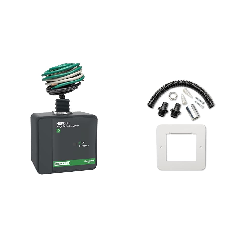 Square D by Schneider Electric HEPD80 Universal Whole House Surge Protection Device, 1-Phase, 3-Wire for 120/240V, 80kA, Black & Square D - HEPD58MKF HEPD Flush Mount Kit, White