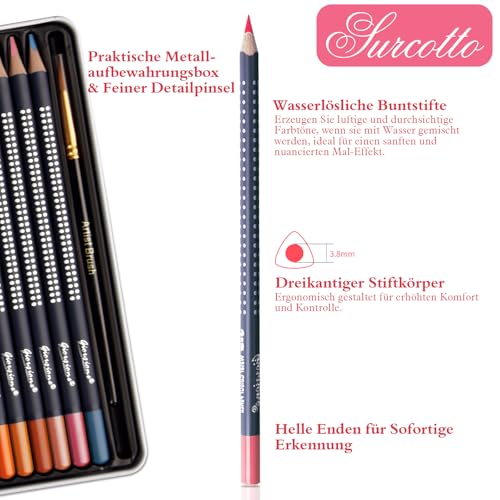 Surcotto Aquarellstifte - 24 wasservermalbare Buntstifte, wasserlösliche Buntstifte für Kinder und Erwachsene | wasserbasiert, sanfte Farben, mit Blechdose und feinem Pinsel, 24-teilig, dreikant