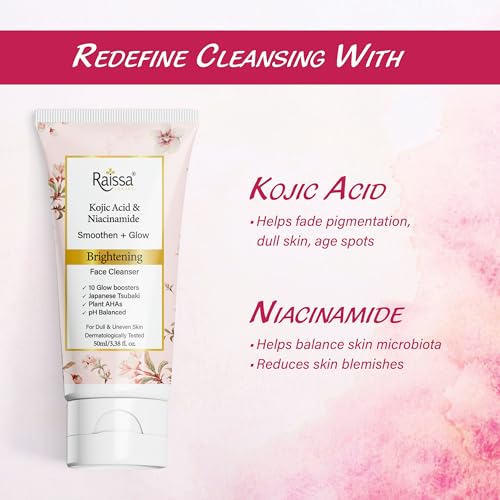 Image of Raissa Brightening Face Wash Cleanser Soap Free with Kojic Acid, Niacinamide, Glow Boosters for Dull, Uneven Skin| Tan removal, Depigmentation, dark spot correction| Japanese Tsubaki & Plant AHAs|50ml