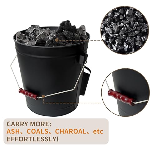 BRIAN & DANY Ascheeimer mit Deckel, Runder Kohleeimer für Kamine, 20L Eimer mit Schaufel und Handbesen, Werkzeugset Zubehör für Kamin, Feuerstelle, Holzofen