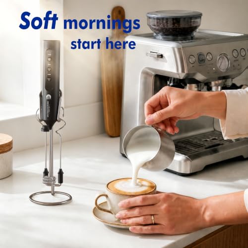 Image of Rechargeable Milk Frother with Stand, 4 Interchangeable Whisks & Travel Case - Handheld Mixer for Lattes, Matcha, Hot Chocolate, Eggs & Protein Shakes