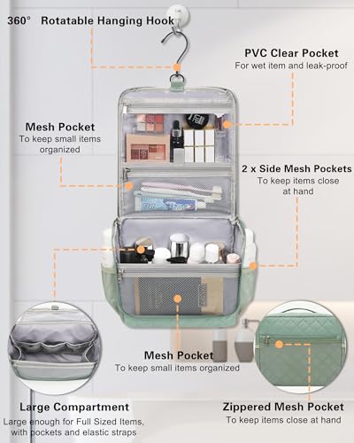 Relavel Toiletry Bag for Men, Hanging Travel Makeup Bag for Women, Waterproof Large Cosmetic Organizer Multiple Compartments for Accessories, Full Sized Toiletries Dopp Kit Shaving Bag (Green, Medium)3
