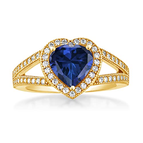 18K Yellow Gold Plated Silver 8MM Heart Gemstone Birthstone and White Moissanite Accents Halo Ring for Women | Elegant Split Shank Design | Fine Jewelry for Anniversary Wedding Engagement Promise2