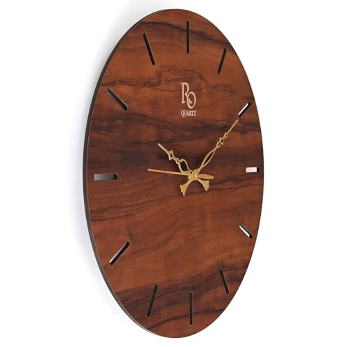 Image of Engineered Wood Round Shape Wall Clock with Metallic Hands & Silent Quartz Movement | Wooden Anti Reflection Analog Vintage Clock for Living Room Home and Office (Brown, 15 Inch)