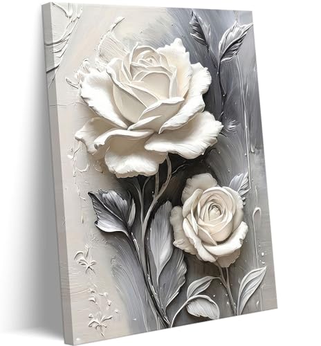 Elegant White Rose Canvas Art Modern Abstract Floral Wall Decor P...