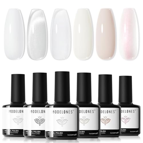 modelones White Gel Nail Polish 6 Colors Milky White Cat Eye Gel Polish Set with Magnet Nude Jelly Soak Off Nail Kit Manicure DIY Nail Art Salon Home Gift