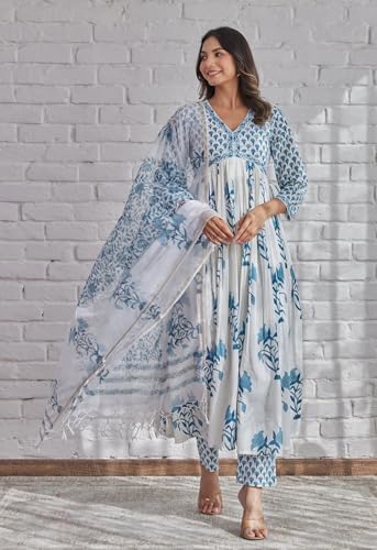 Image of ANNI Designer Women's Rayon Blend Printed Anarkali Kurta with Pant & Dupatta