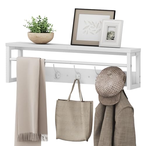 HOOBRO Perchero de Pared con Estante, Perchero Flotante con Barra y 5 Ganchos, Estante Colgante para Paraguas, Sombreros, Bufandas, para Entrada, Pasillo, Sala de Estar, Dormitorio, Blanco EWT78YM01 - imagen 9