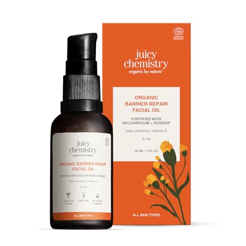 Image of Juicy Chemistry Organic Barrier Repair Facial Oil with Helichrysum + Rosehip, 30 ml | Repairs Skin Barrier | Reduces Pigmentation & Dark Spots | Boosts Glow | Promotes Even Skin Tone | Dermatologically Tested