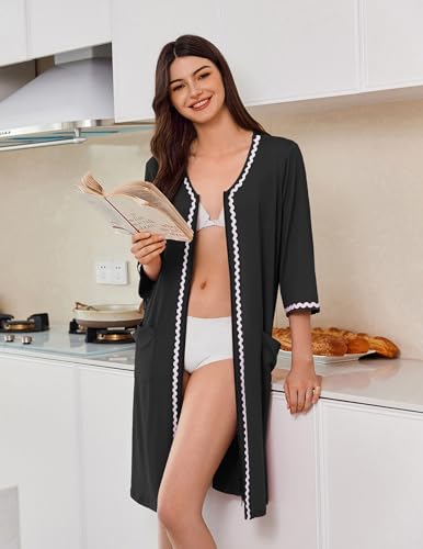 Ekouaer Zipper Robes for Women 3/4 Sleeves Lightweight House Coat Zip Up Bathrobe Soft Nightgown with Pockets S-3XL3