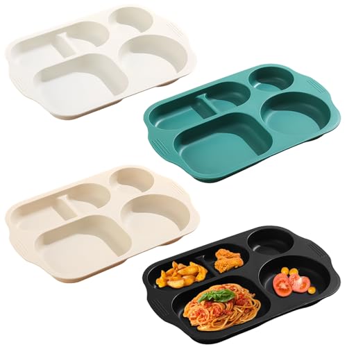 NOZVYCI Set of 4 Divided Dinner Plates with 5 Compartments, Unbreakable Children's Plates, Plastic Plate, Menu Plate, Divided, Reusable Dinner Service, Plastic Plates for Adults, Children [Dark