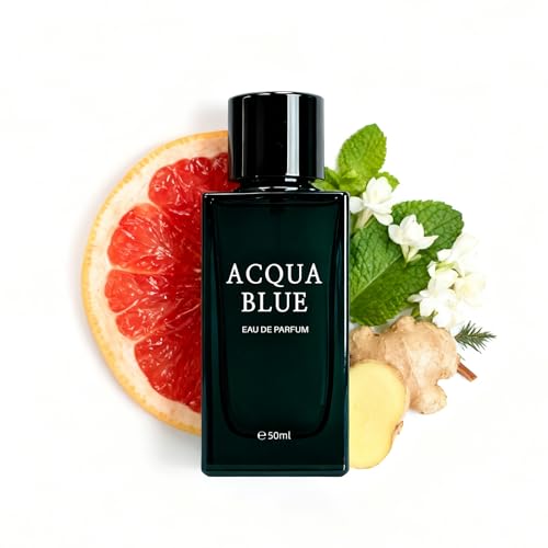 Acqua Blue Eau de Parfum for Men, 50ml Fresh Woody Fougere Cologne with Lemon, Mint & Pink Pepper Notes, Long-Lasting Clean Masculine Fragrance for Office, Daily Wear & Gifts