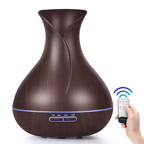 Essential Oil Diffuser with Remote Control- 400 ml - Aromatherapy - 7 LED Light Options- Dark Wood Grain