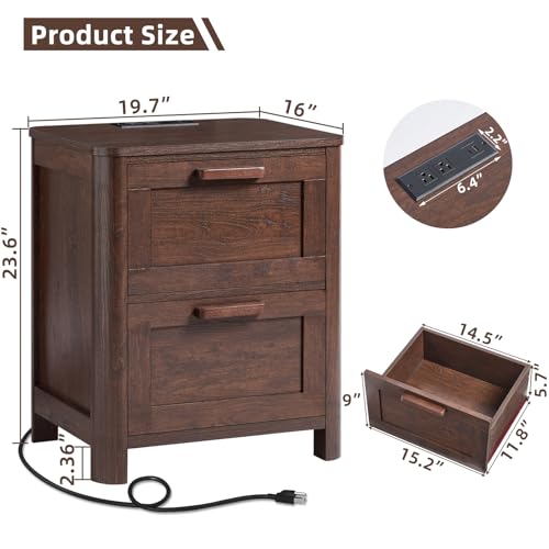 Image of Joaxswe Farmhouse Night Stand with Charging Station, End Tables Bedroom with 2 Large Drawers & 4 Thickened Table Legs, Walnut