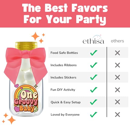 Ethisa Small 12 Pack One Groovy Baby Party Favors - DIY Candy Jars with Ribbons and Stickers - Funky Party Decoration Bottles for 1st Birthday Bash for Boy or Girl - Retro Hippie Table Centerpieces - Thumbnail 5