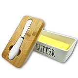 Ceramic Butter Dish with Lid, New Upgrade Porcelain Butter Container Keeper with Bamboo Lid Steel Knife for Countertop, Covered Butter Storage for Small Butter, White
