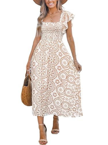 CUPSHE Women's Summer Smocked Dress Paisley Square Neck Flutter Sleeve Long Dresses Boho Vacation A Line Sundress Neutral M
