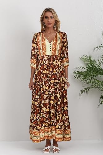 Image of Women Short Sleeve V Neck Floral Print Casual Bohemian Maxi Dresses