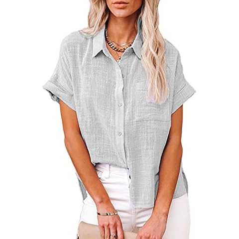 Paintcolors Women's Button Up Shirts Cotton Hemp Short Sleeve Blouses V Neck Casual Tunics Solid Color Tops with Pockets-Gray 109 XXL Cover