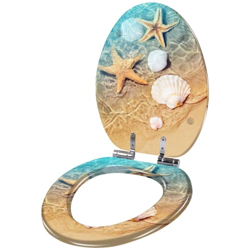 Elongated Toilet Seat Starfish seashell summer beach sea water Summer Resin Toilet Seat with Quietly Close Quick Release Hinges Decorative Toilet Seat with Cover Easy to Clean and Install
