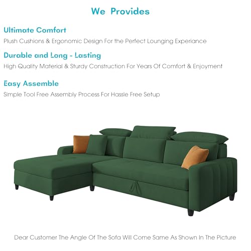 Image of Casaliving Gagnon LHS 4 Seater L Shape Corner Sofa Cum Bed for Living Room (Green Fabric) Premium Fabric Sofa