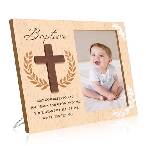 JARIFLEX Baptism Picture Frame Gifts Baptism Gifts for Boys Girls Christening Baby Gift from Godparents Friends Family 3D Cross Wood Picture Frame(4x6-Vertical)