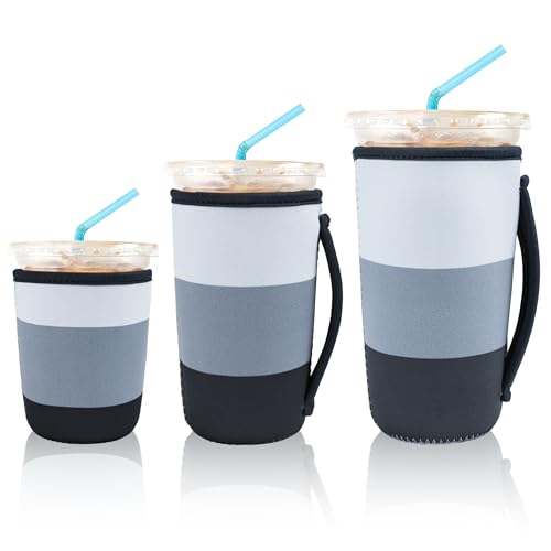 Image of KJQJLY 3 Pack Reusable Iced Coffee Sleeves for Iced Coffee Cups or Drinks Reusable Neoprene Insulated Sleeves for Hot and Cold Drinks from Starbucks, Dunkin, And More (Navy Blue)