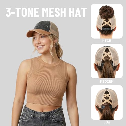 Image of Funky Junque Womens Baseball Cap Dad Hat Ponytail Messy Bun Trucker Ponycap