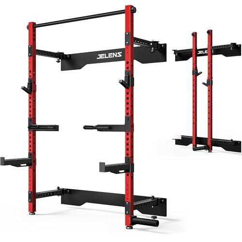 Folding Squat Rack, Wall Mounted Power Rack for Home Gym, Space Saving Multi-Functional Power Cage with Attachments (Red, SF01 Squat Rack)