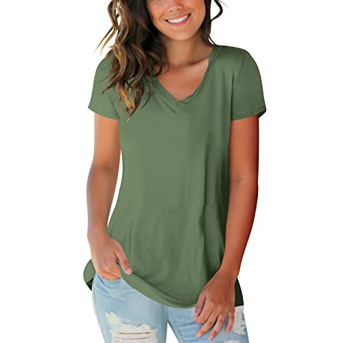 Womens Summer Tops Solid Color V Neck Short Sleeve Basic Tee Shirts #TOP18