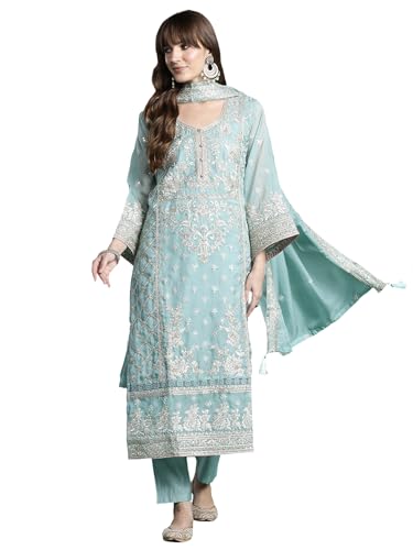 Image of INDO ERA Women's Straight Organza Ethnic Motifs Embroidered Kurta and Pant with Dupatta Set (KH9PH10614)
