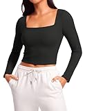 CRZ YOGA Womens Butterluxe Double Lined Long Sleeve Crop Top Square Neck Workout Athletic Casual Cropped Fitted Basic Shirts Black Medium