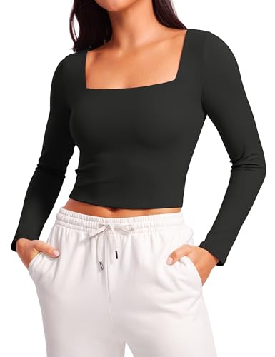 CRZ YOGA Womens Butterluxe Double Lined Long Sleeve Crop Top Square Neck Workout Athletic Casual Cropped Fitted Basic Shirts