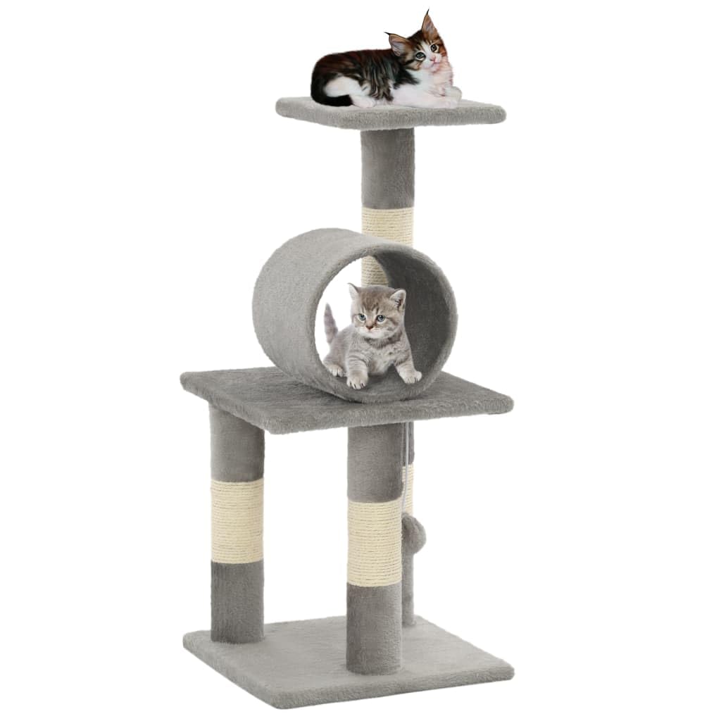 Kratzbaum für Katzen 65 cm grau mit Sisalseil und Teppich, ausgestattet mit Entspannungsbereichen sowie einem hängenden Ball zum Spielen