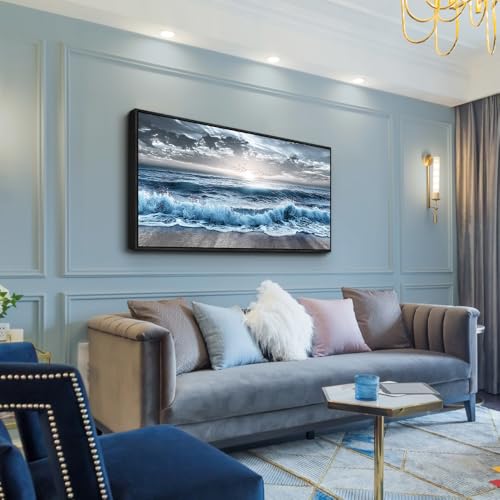 ERQINHUA Wall Decor For Bedroom Dining room Wall Art For Living Room Office Decor Blue Beach Sea Wave Paintings Sunrise Ocean Seascape Wall Pictures Canvas Artwork Home Decor Black Framed 20x40 In