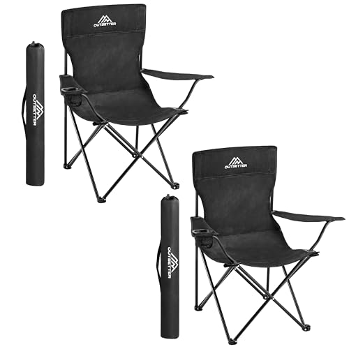 Set of 2 Camping Chairs | Lightweight Folding | Portable Chair for Outdoors | Cup Holder | Storage Cover | Outdoor Leisure Chair Durable with Arm Rest for the Beach, Lawn and Fishing Trip Garden Black