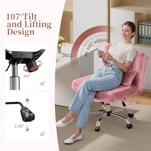 Image of Warmiehomy Velvet Criss Cross Desk Chair with Wheels, Luxury Cross Legged Office Chairs for Home Office, Swivel Wide Seat Vanity Chair, Armless Adjustable Height Gaming Chair Gift, Dusty Rose