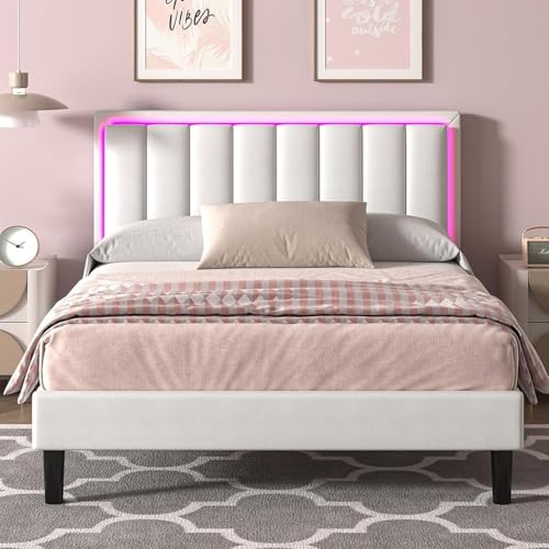 Smart LED Upholstered Full Size Bed Frame with Double Headboard – Heavy Duty, Noise-Free, Easy Assembly, No Box Spring Needed, White