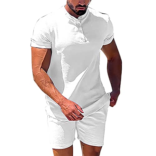 Herr kortärmad shorts två delar sport vardaglig enfärgad bomull linne män set passar för män smal passform, Vitt, L