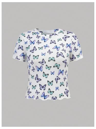 SweatyRocks Girl's 3 Pack T Shirts Butterfly Graphic Short Sleeve Crew Neck Ribbed Knit Summer Tops4