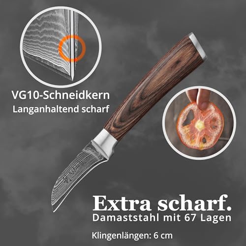 Foto von Wakoli EDIB Schälmesser mit gebogener 6-cm-Klinge aus 67 Lagen Damaststahl