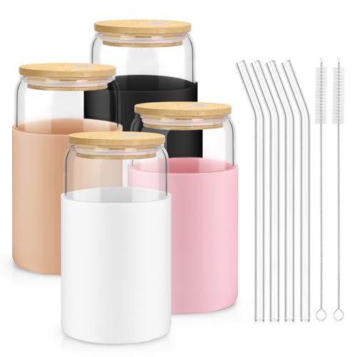 sungwoo Glass Cups with Lids and Straws, 4 Pack 16OZ Iced Coffee Cups with Silicone Sleeve, Glass Tumbler with Straw and Bamboo Lid, Home Essential Drinking Set for Juice, Cocktail and Latte 4 Colours