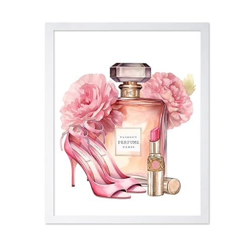 Image of Poster Master Pink Designer Print - Fashion Poster - Shoes, Lipstick & Perfume Art - Chic Gift for Women & Fashionista - Glam Decor for Bedroom or Girl's Room - 16x20 White Framed