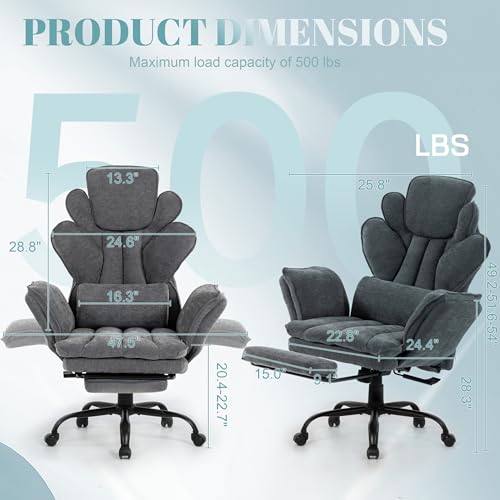 Image of Flip Armrests Criss Cross Office Chair, Reclining Office Chair with Foot Rest, Adjustable Headrest, Massage Waist Pillow, Cross Legged Big and Tall Desk Chair Wide Seat Vanity Chair, Grey Fabric