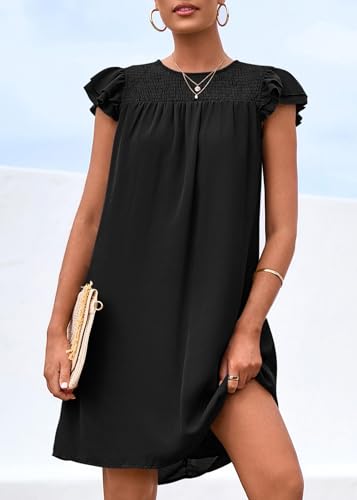 Image of KIRUNDO Wedding Guest Shift Dresses for Women Short Spring Summer Ruffle Cap Sleeve Chiffon Babydoll Flowy Mini Sundress(Black, Large)
