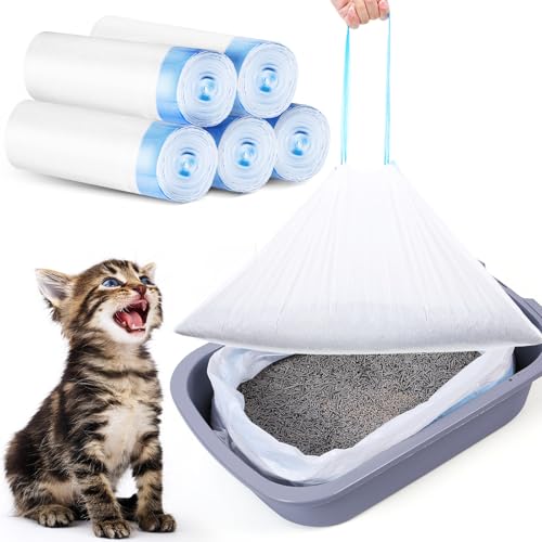 100 Pack Cat Litter Box Liners Bags with Drawstring Heavy Duty Placement Waste Drawer Liners Bags Compatible with Litter Robot 3/4 Thick Inserts Sacks 9-11 Gallons Cat Poop Bag 25 × 16in